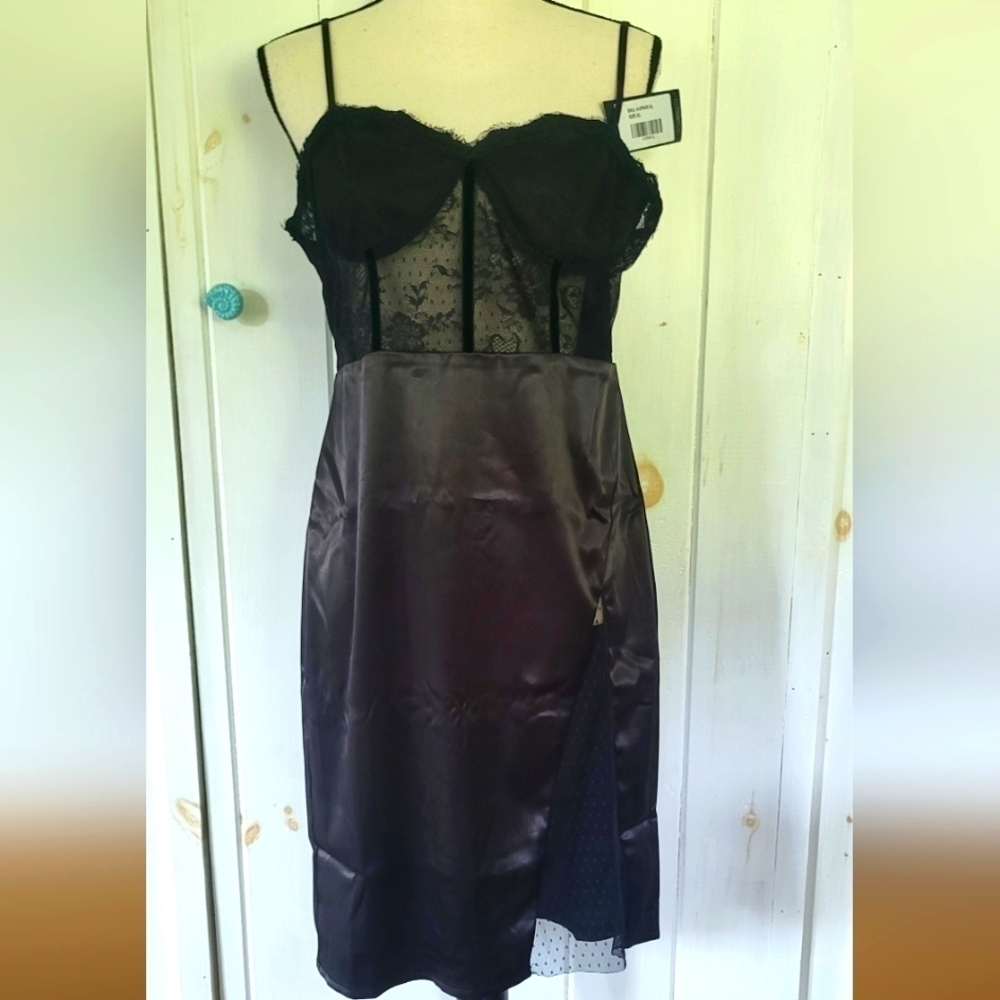 Spaghetti Strap Splicing Illusion Lace Satin Sexy Bodycon Dress